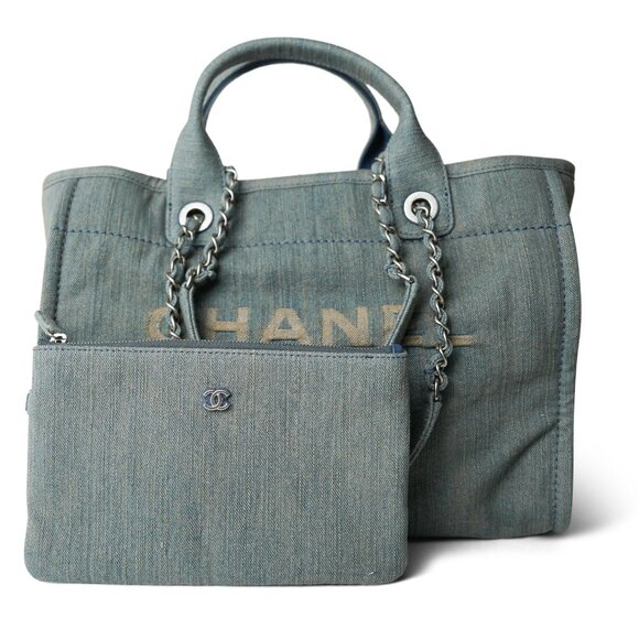 CHANEL NEW SMALL DEAUVILLE TOTE BAG IN WASHED AGED BLUE DENIM SILVER HARDWARE - Picture 1 of 3